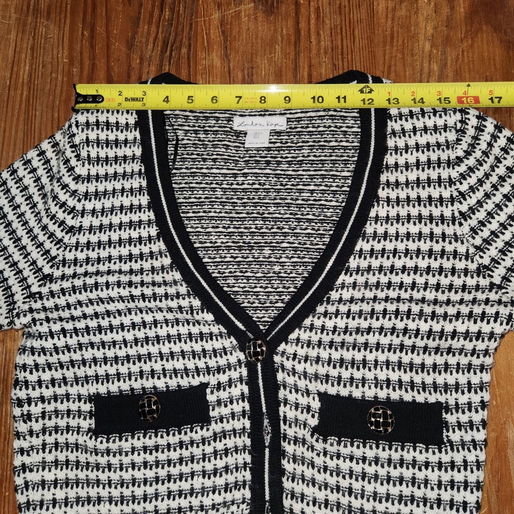 London Kaye Black White‎ Women's Cropped V-Neck Cardigan Buttons Large Office - Picture 14 of 15